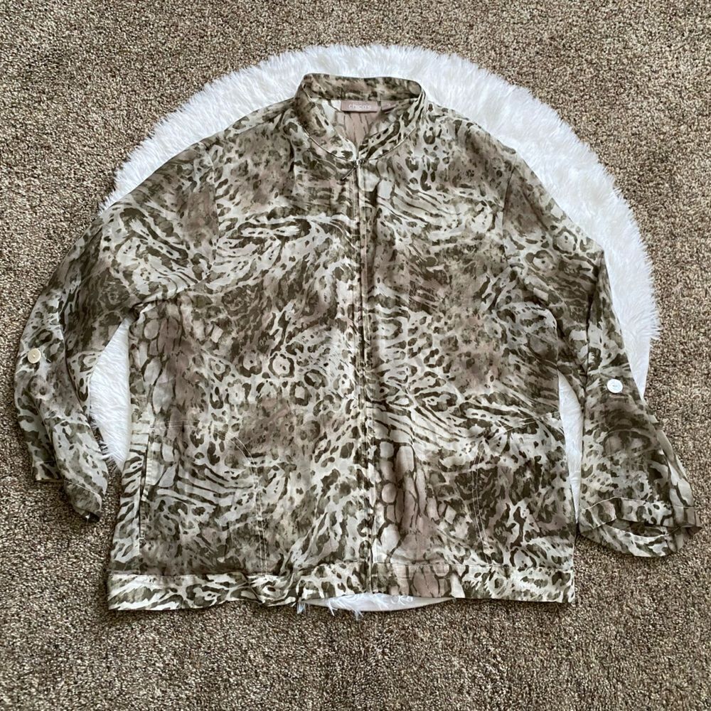 Chico’s Jacket Animal Print Sheer Zip Front Pockets Thin Lightweight‎ Size 3X